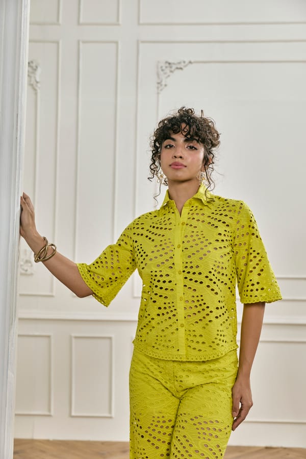 Lime Cotton Schiffli Cutwork Shirt — Style Island