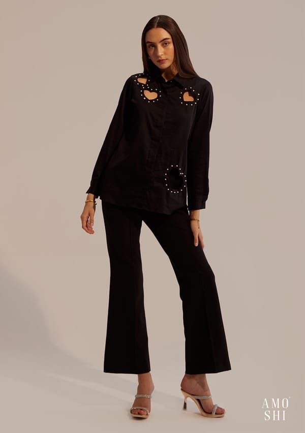 Black Cotton Shirt and Flared Trousers Co-ord Set — AMOSHI