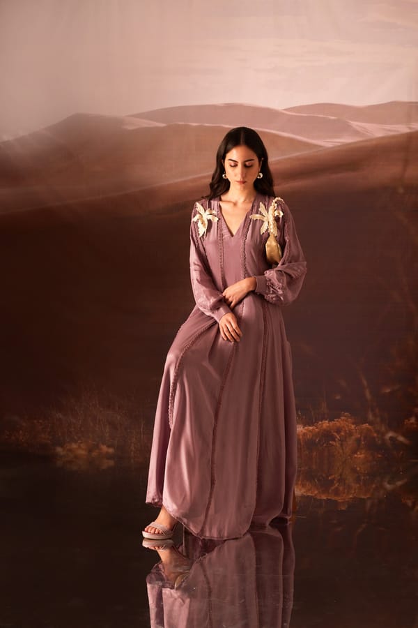 Purple Crepe Maxi Gown with Shoulder Applique — An'era by Asmita Verma