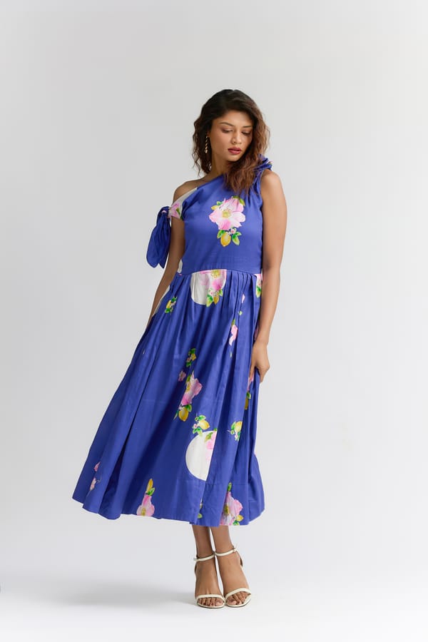 Ellectric Blue  Floral Printed  Diza Midi Dress — Itara an another