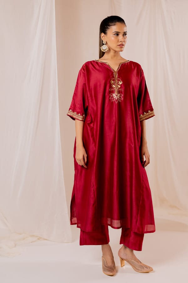 Maroon Chanderi Silk Embroidered Kaftan Set — Silai studio
