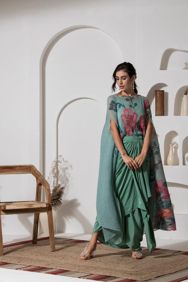 Dusty Jade Green Floral Kaftan and Dhoti Co-ord Set — PREETI MEHTA