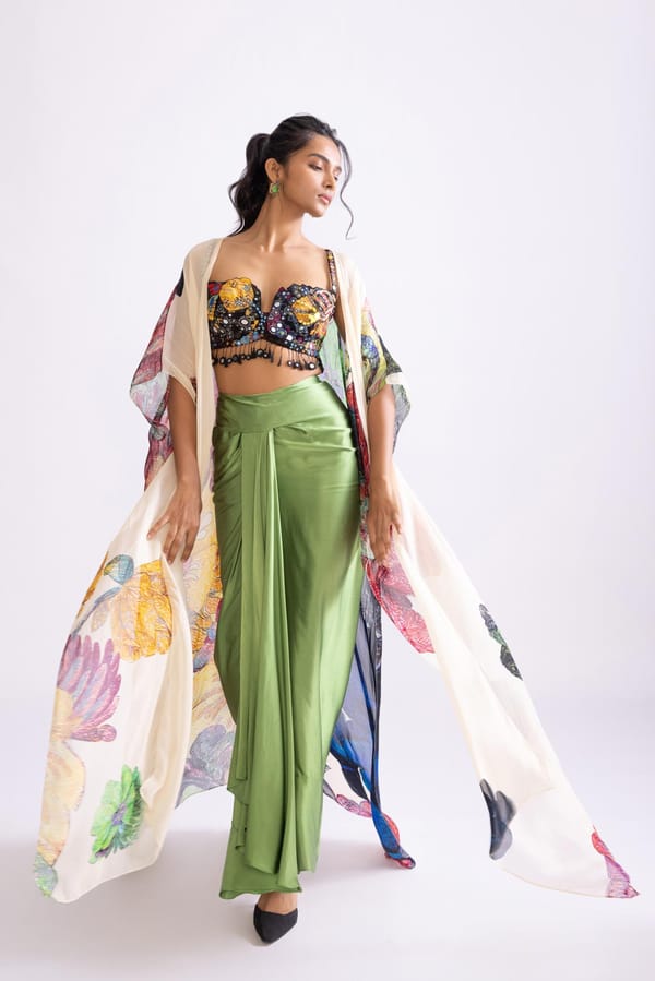 Multicolour Floral Chiffon Kaftan-Style Cape — Saaksha and Kinni