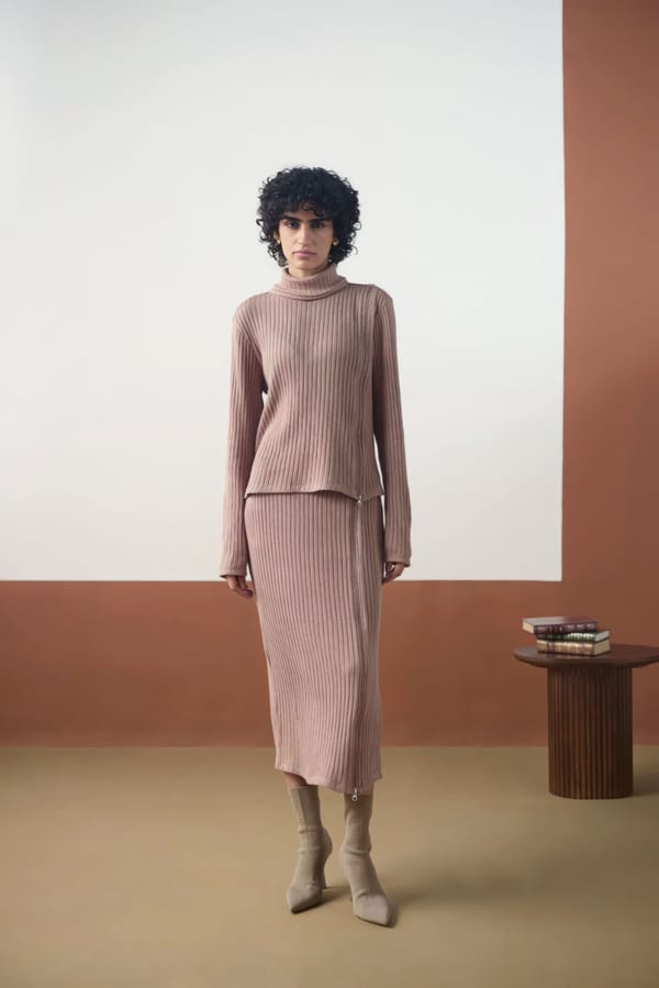 Brown Rib-Knit Turtle Neck Top and Midi Skirt Co-ord Set — Muvazo