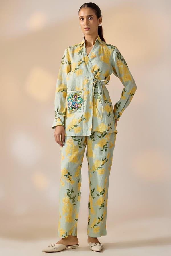 Pastel Floral Hemp Wrap Shirt and Pants Co-ord Set — EWOKE STUDIO