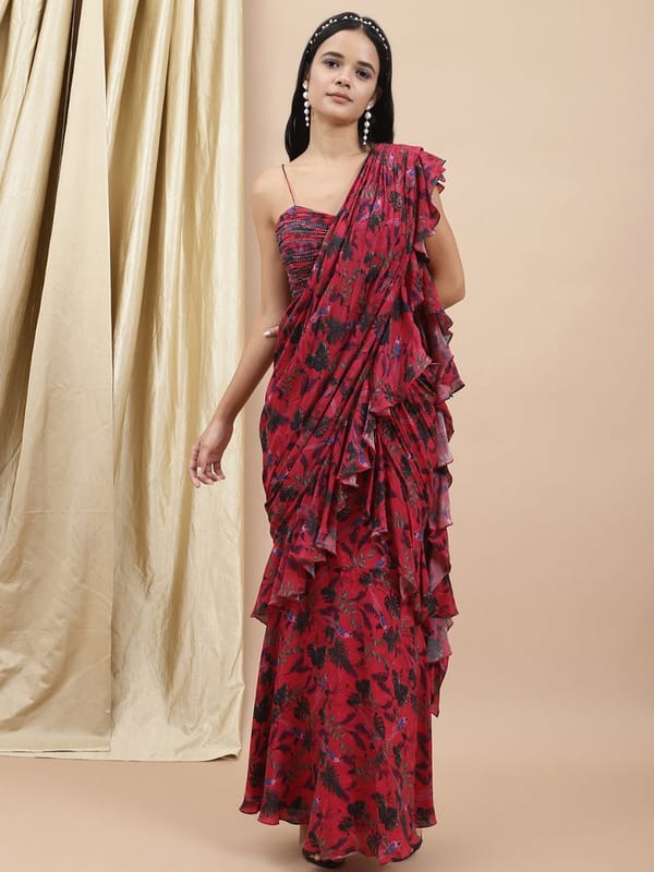 Red Jungle Print Drape Saree — EWOKE STUDIO