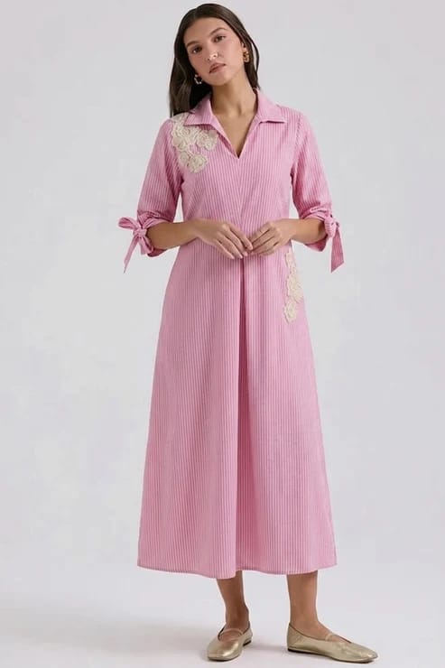 Pink Striped Shirt Midi Dress with Floral Appliqué — Designs by Queen Bee