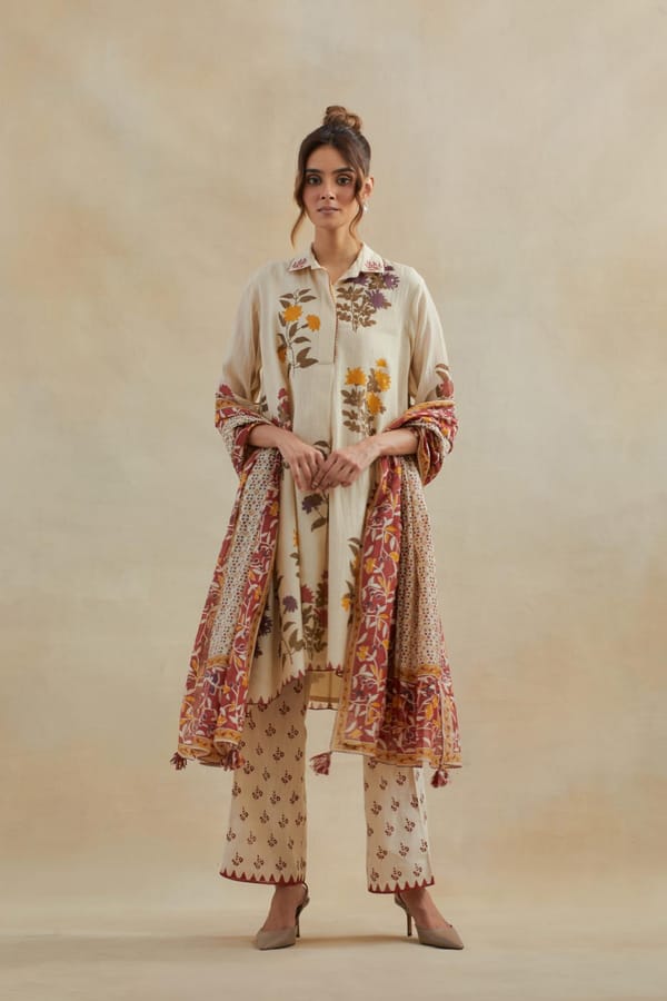 Beige Chanderi A-Line Short Kurta Set — Upavita