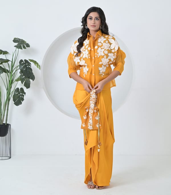 Ivory Garden Organza Shirt With Tuck Skirt Set — RUCHIKA MALLIKA LABEL
