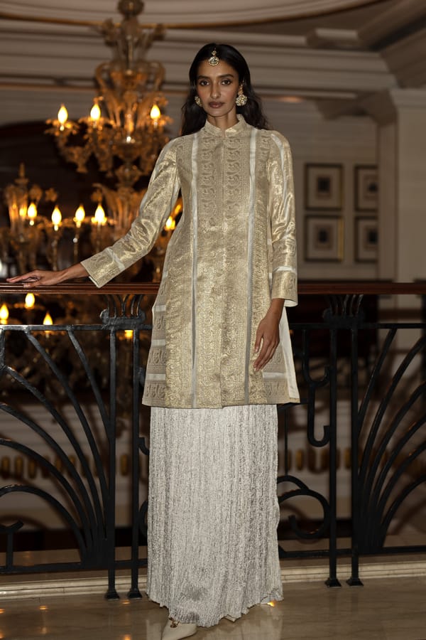 Benares Silk Brocade Longline Jacket & Crushed — Dash and Dot