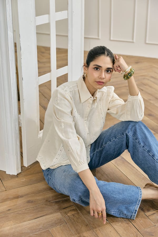 Off-White Mirror Work Embroidered Button-Down Shirt — Style Island