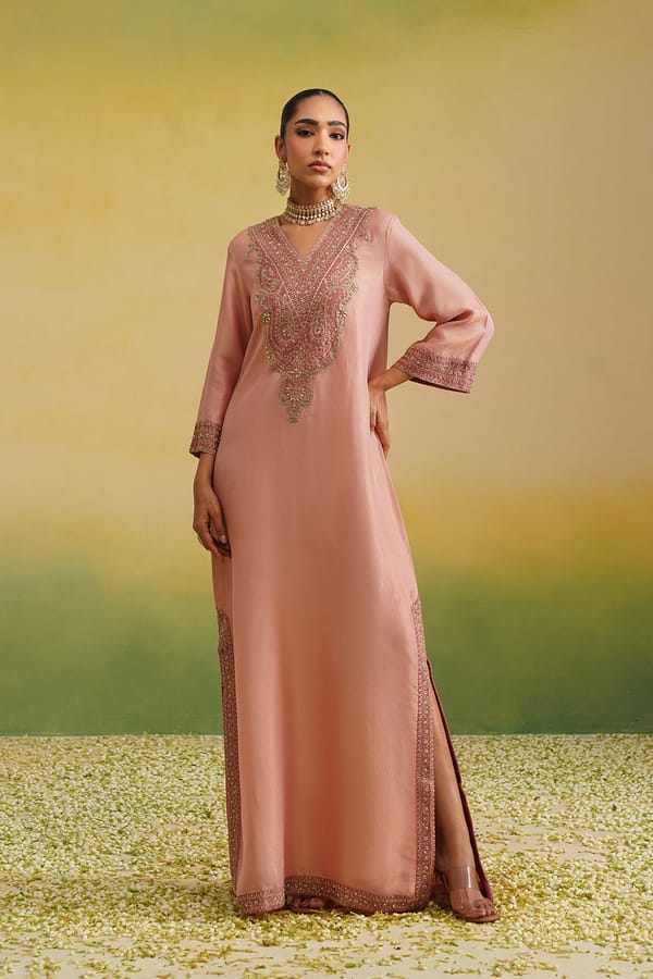 Naaz Blush Pink Hand Embroidered Kaftan — INCHING INDIA