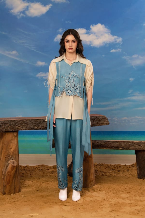 Blue and Off-White 3-Piece Silk Co-ord Set with Cutwork Gilet — ISHA GUPTA TAYAL