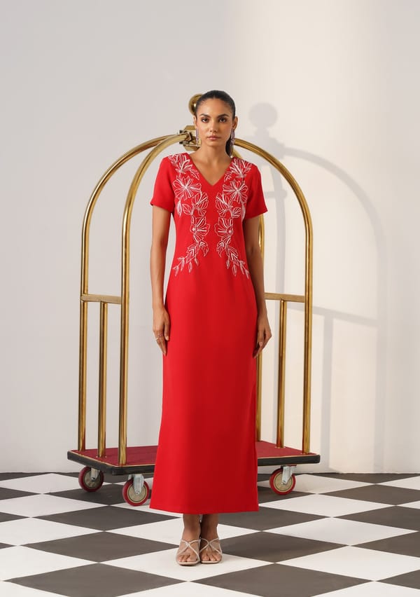 Red V-Neck Embroidered Maxi Dress — AMOSHI
