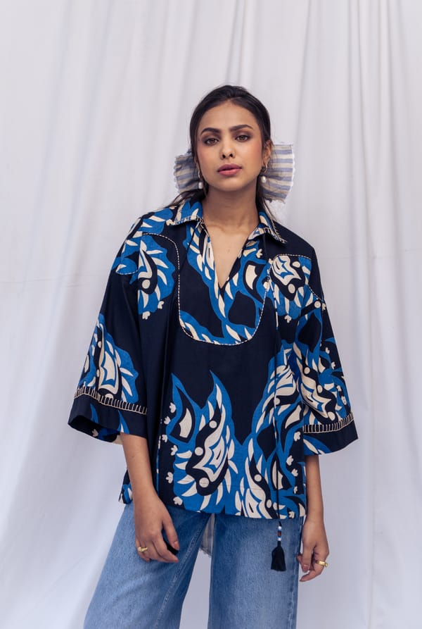 Black and Blue Screen-Printed Cotton Tie-Up Collared Blouse — JODI
