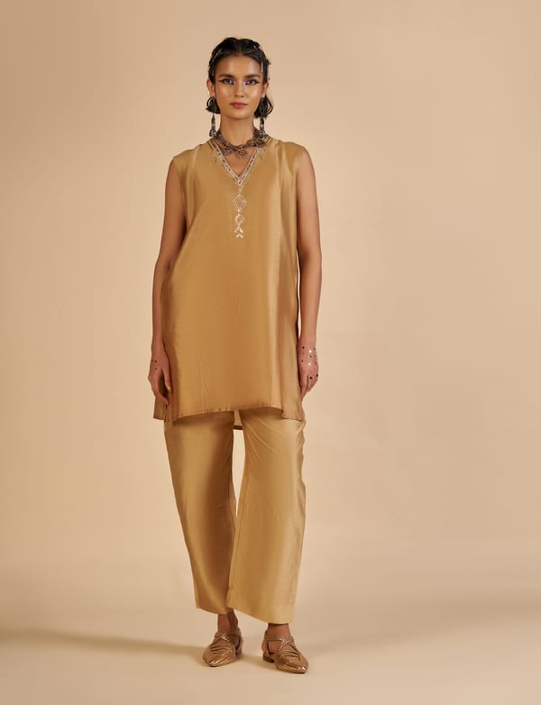 Beige Silk Chanderi Sleeveless V-Neck Tunic Top — Gulabo by Abu Sandeep