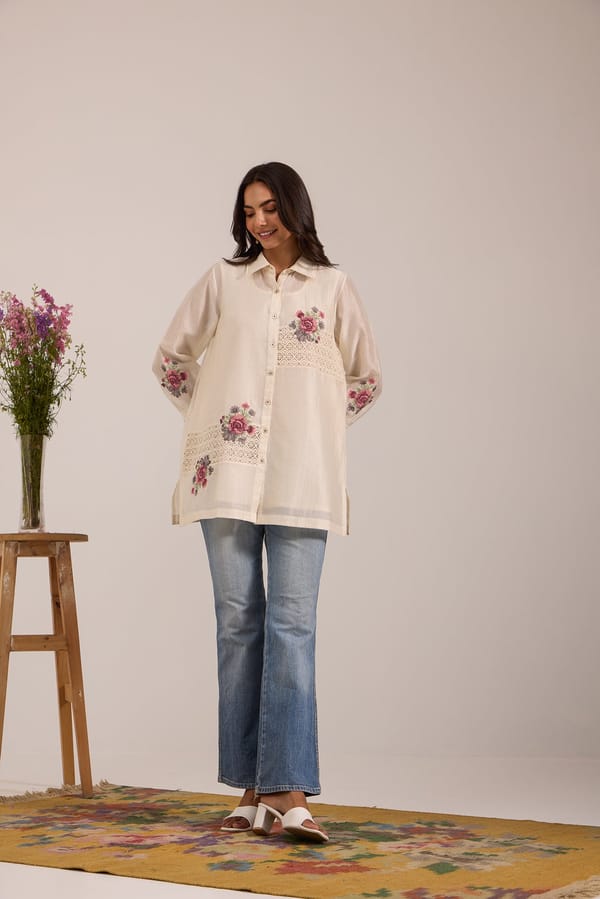 Off-White Sheer Chanderi Lace Panel Button-Down Shirt — Omi Clothing