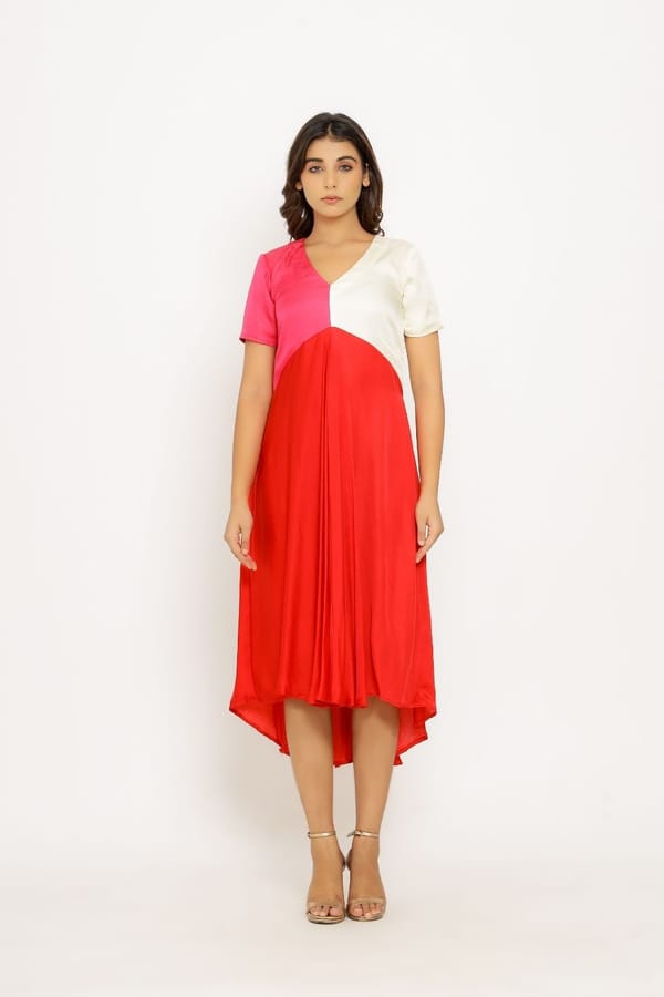Red/Pink Colorblock V-Neck Midi Dress — Neora