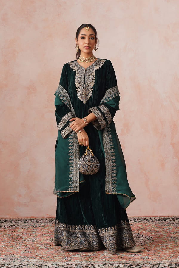 Bottle Green Velvet Embroidered Kurta Sharara Set — INCHING INDIA