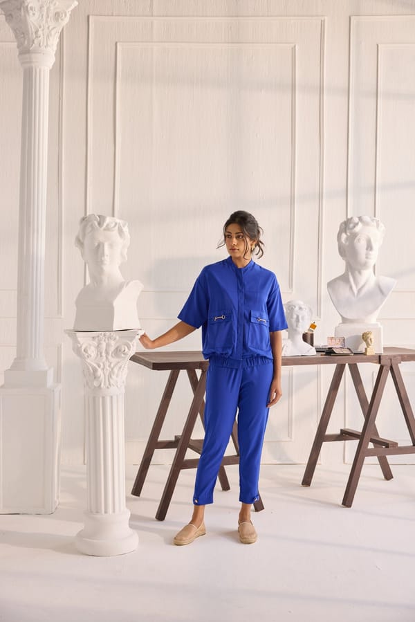 Blue Italian Twill Bomber Jacket and Pants Co-ord Set — Shivya K