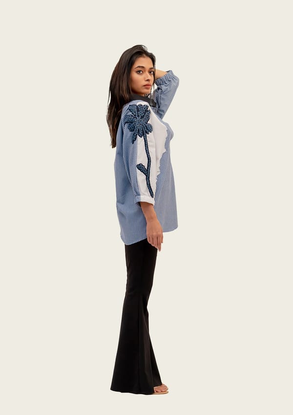 Blue Stripe and White Cotton Shirt with Embroidery — Richa Goenka