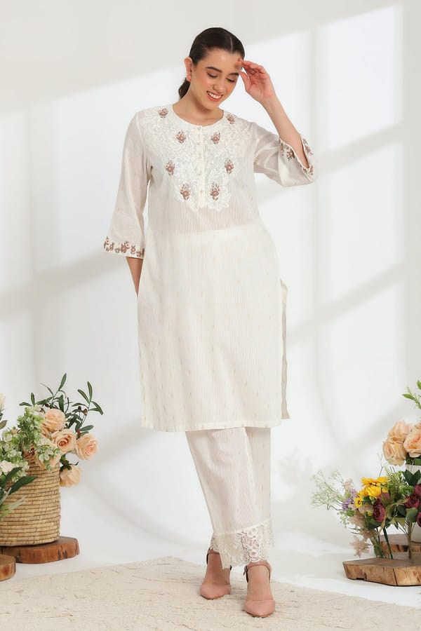 Lumiere Ivory Hand Embroidered French Lace Cotton Dobby Kurta Set — DAREISS