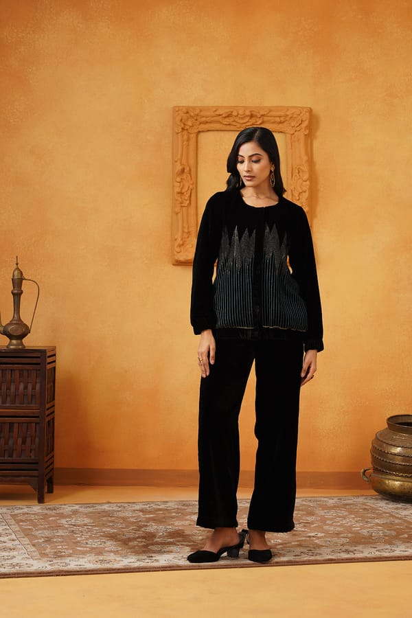 Black Velvet Embroidered Jacket and Pants Co-ord Set — NEETIKA CHOPRA