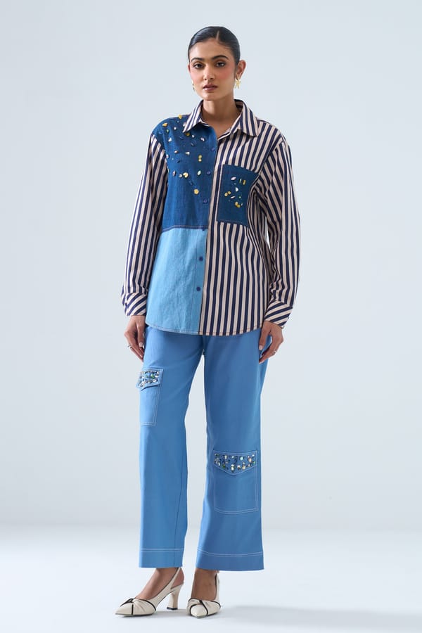 Denim/Stripe Colorblock Button-Down Shirt — STITCH STORIES
