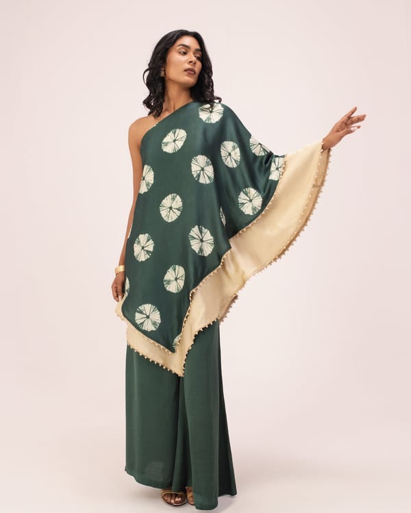 Dark Green One-Shoulder Co-ord Set with Wide-Leg Pants — DORABI