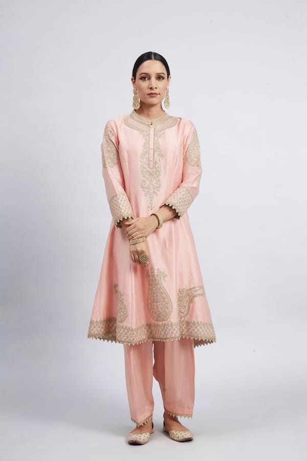Carnation Pink Embroidered Kurta Set with Organza Dupatta — Sheetal Batra