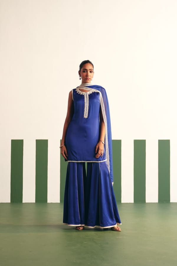 Cobalt Blue Cotton Satin Kurta Set with Garara and Dupatta — Reeti Arneja