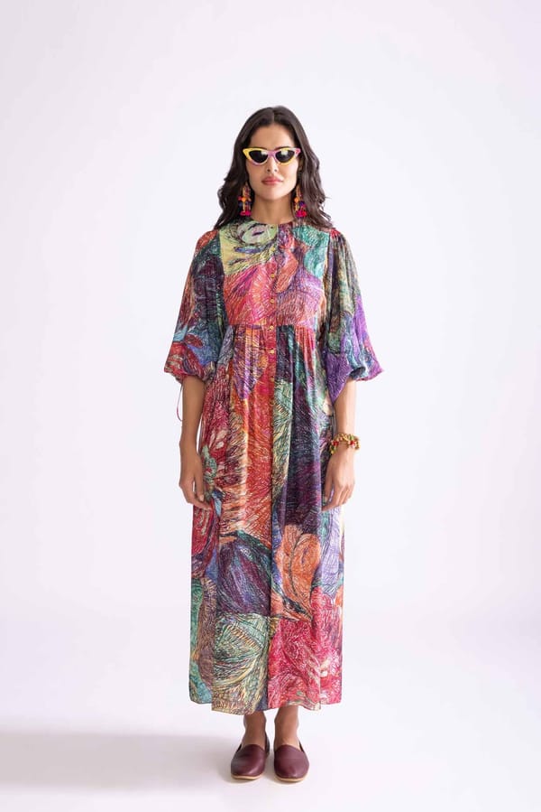 Multicolor Daisy Print Maxi Smock Dress with Tie-Up Sleeves — Saaksha and Kinni