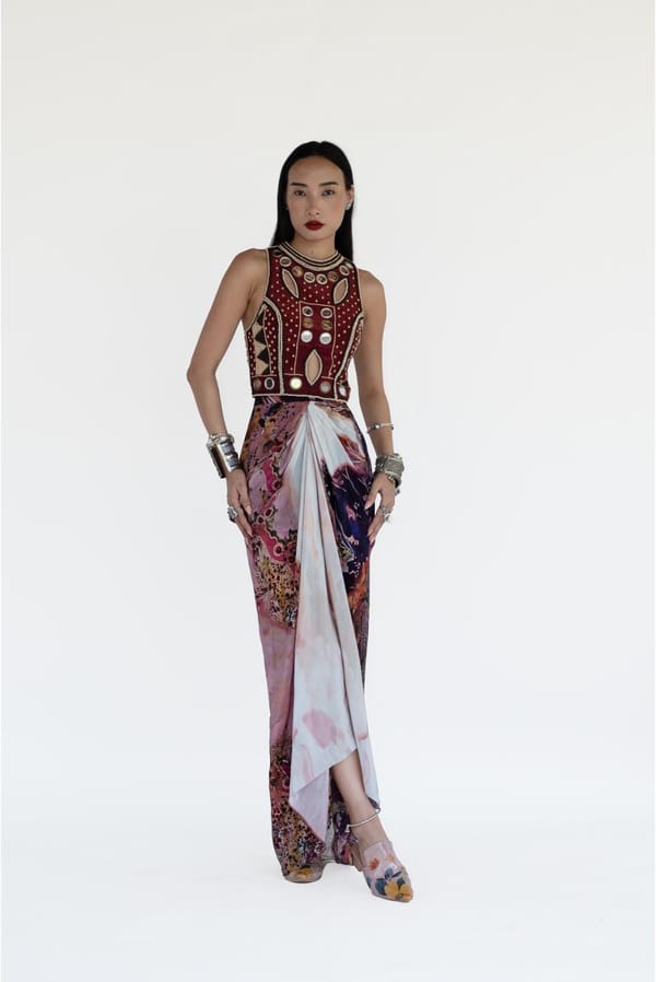 Merlot Embellished Crop Top and Printed Drape Skirt Set — AMKA