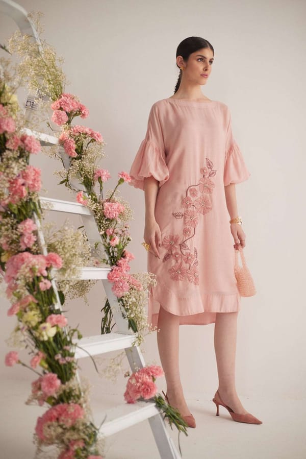 Peach Sheer Voile Midi Dress with Balloon Sleeves — Western Era