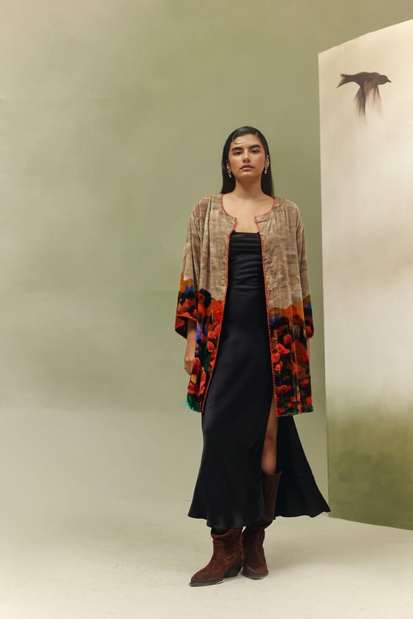 Beige Floral Velvet Poncho Cape with Covered Buttons — SHOP NOIB