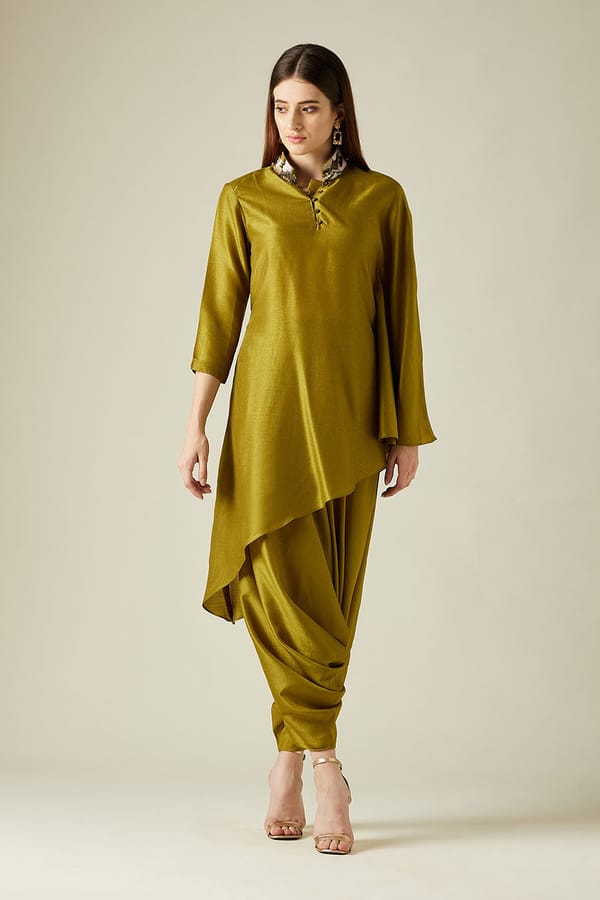 Olive Matka Silk Asymmetric Tunic and Zouave Co-ord Set — Aakaar