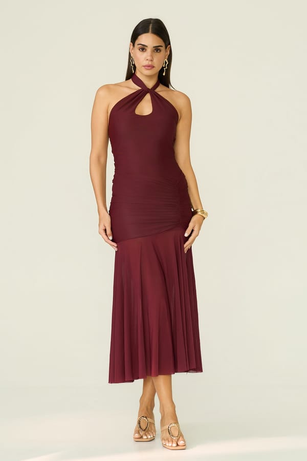 Burgundy Halter Keyhole Ruched Midi Dress — LABEL FROW