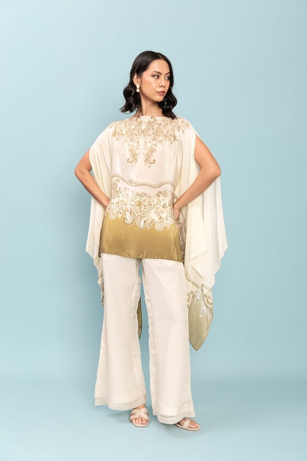 Ivory and Olive Printed Cape Kaftan Top — LABEL NAARITI