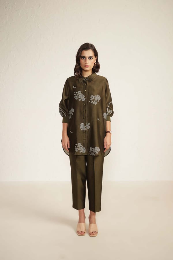 Olive Silk Chanderi Embroidered Shirt and Pant Co-ord Set — Arcvsh Pallavi Singh