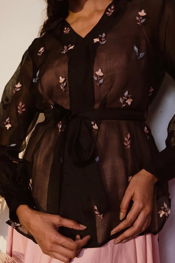 Black Embroidered Organza Shirt with Bishop Sleeves — Love Kiki