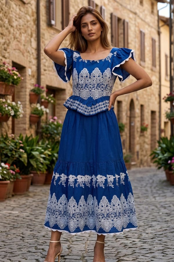 Electric Blue Eyelet Embroidered Skirt Co-ord Set — BOHO-CHIC