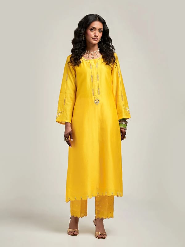 Yellow Silk Chanderi Embroidered Straight Kurta Set — Anantaa
