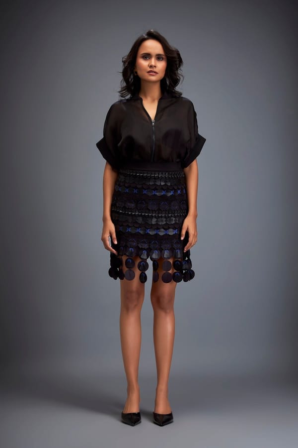 Structured Skirt with Layered Circular Applique Zipper — Deepika Arora