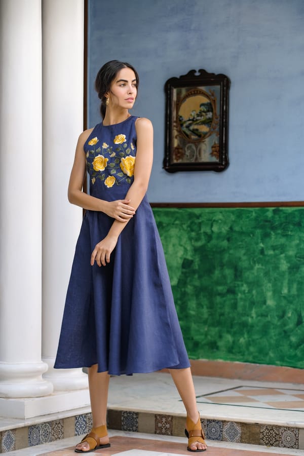 Navy Blue Linen Fit-and-Flare Midi Dress with Rose Embroidery — HEADSTRONG