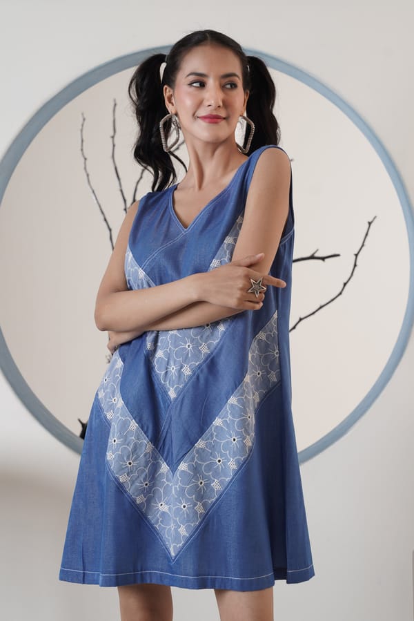 Blue Denim V-Neck Sleeveless Cutwork Mini Dress — SURABHI ARYA