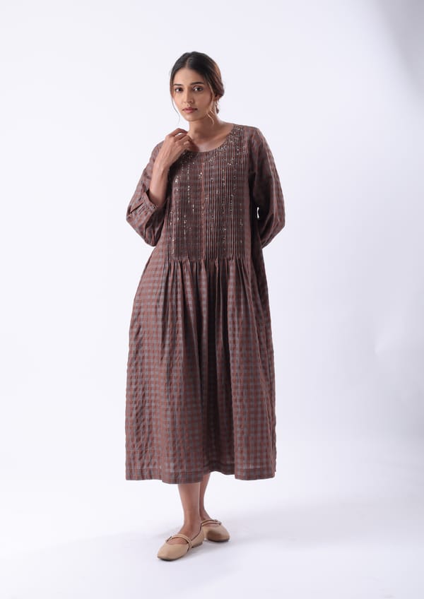 Brown Pintuck Hand Embroidered Dress — Subtle Shuttle Studio