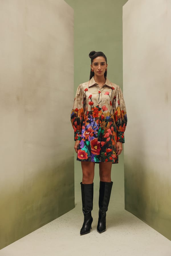 Beige Floral Print Cotton Satin Mini Shirt Dress — SHOP NOIB