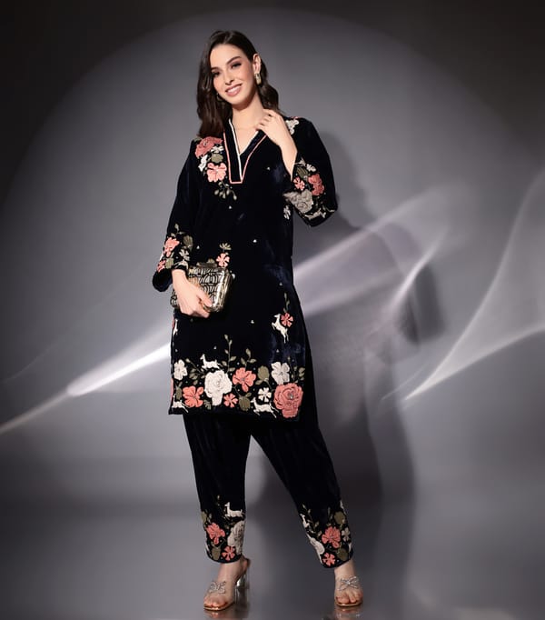 Navy Velvet Embroidered Straight Kurta Set — RUCHIKA MALLIKA LABEL