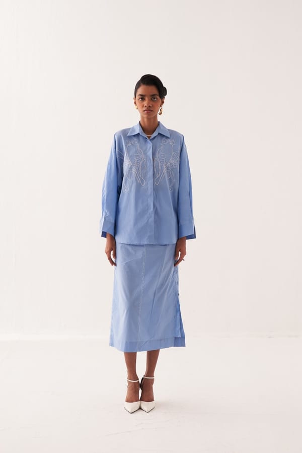 Powder Blue High-Waist Straight Midi Skirt — Ofrida