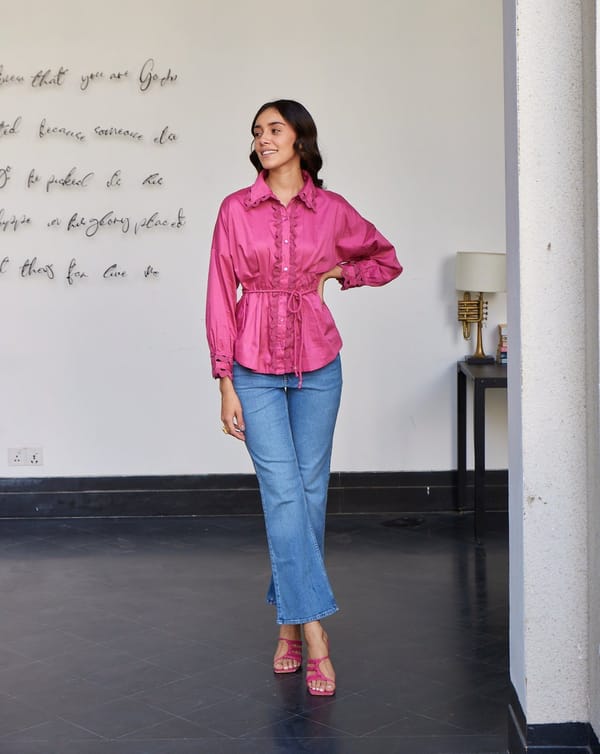 Pink Cotton Satin Shirt with Wave Lace and Waist Tie — Style Island